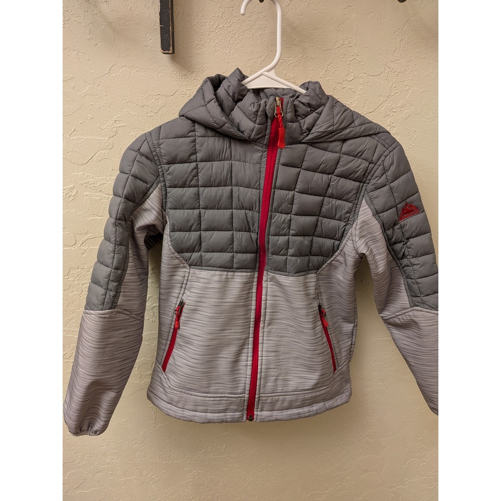 Snozu Boys Grey Colorblock Hooded Puffer Softshell Jacket Size 10/12 Red Zip